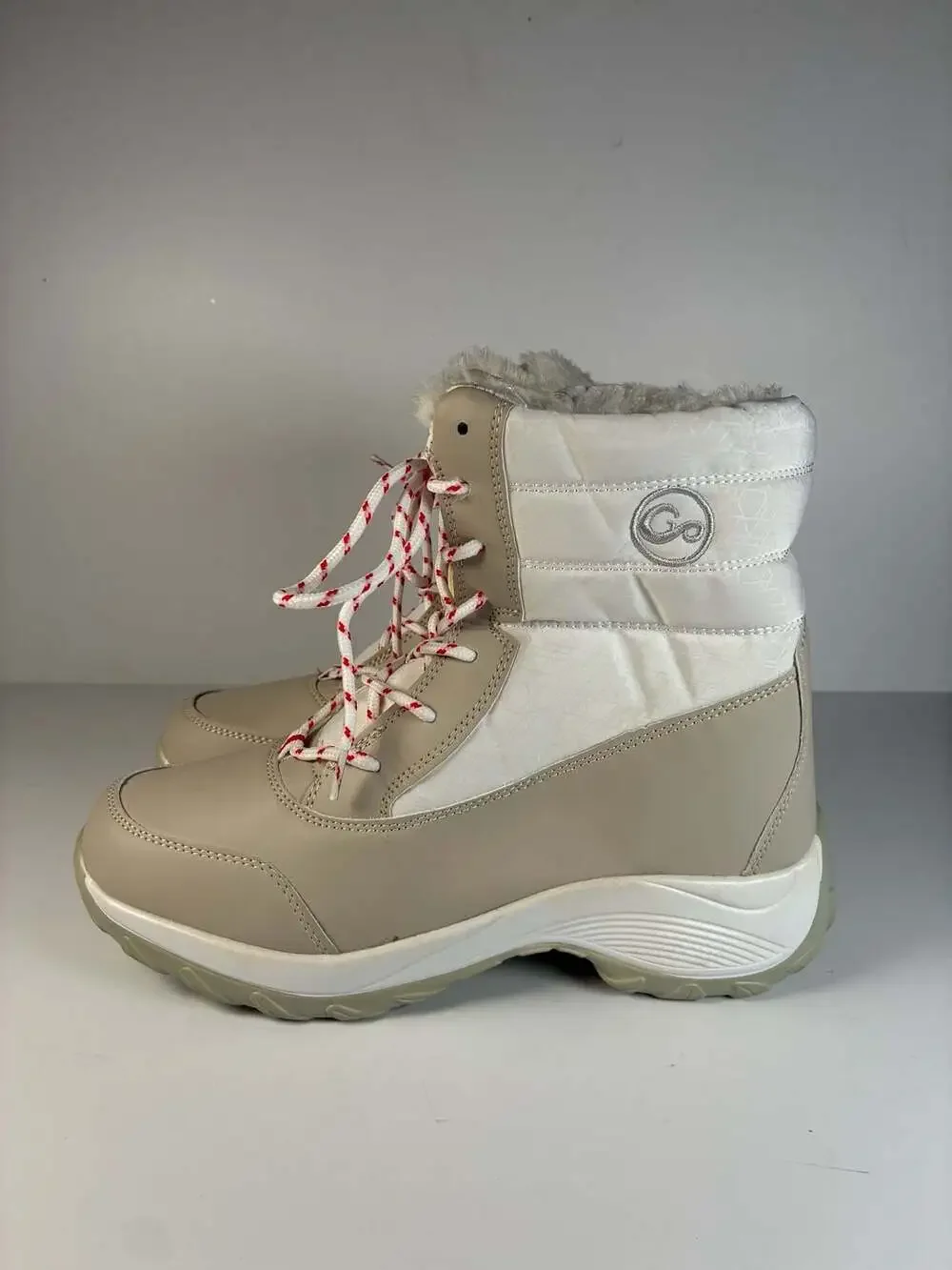Women's Beige and White Platform Lace-Up Winter Snow Boots with Fleece Lining